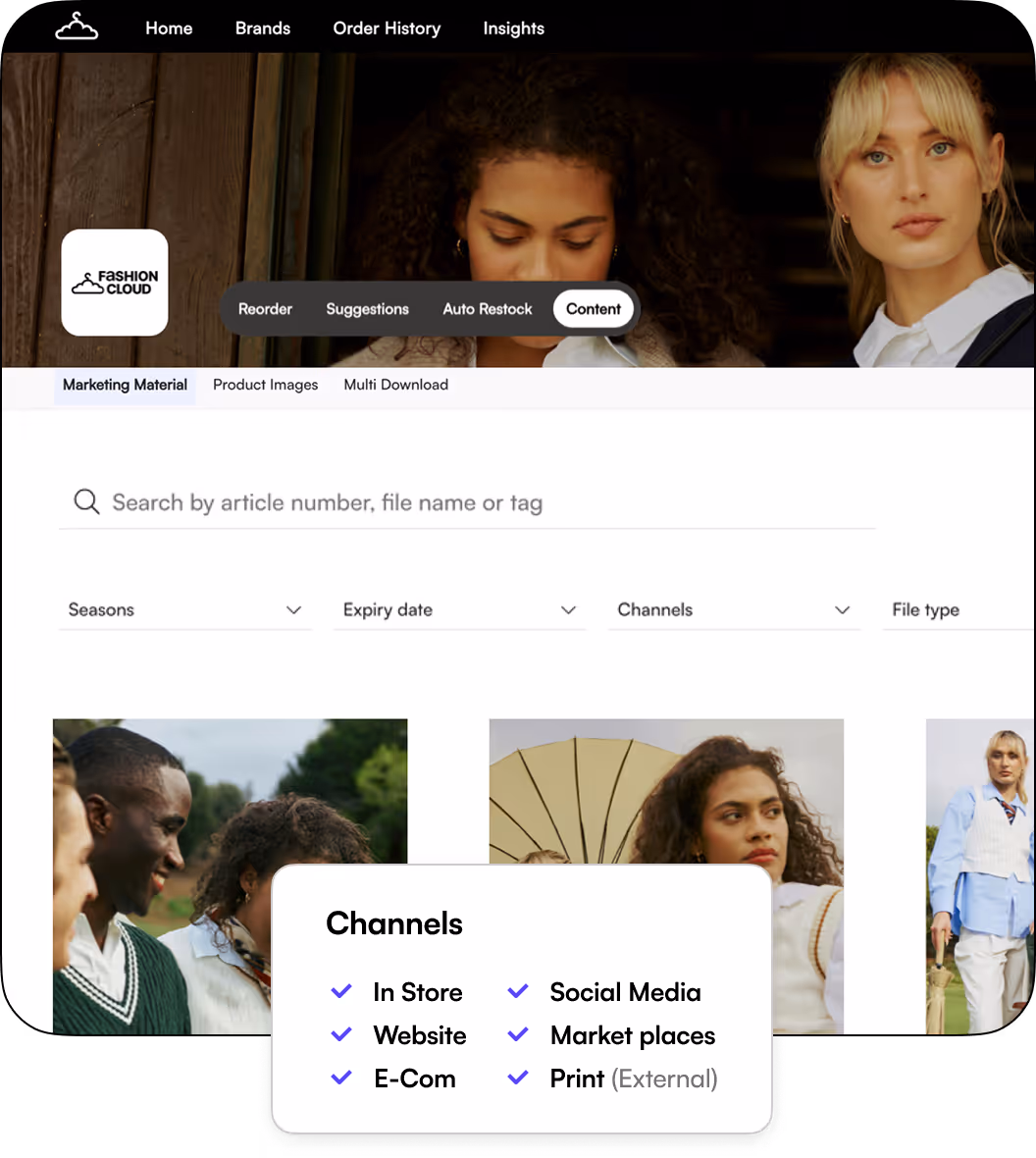 Fashion Cloud interface showing a content management page with channel selection including in store, website, e-com, social media, marketplaces, and print.